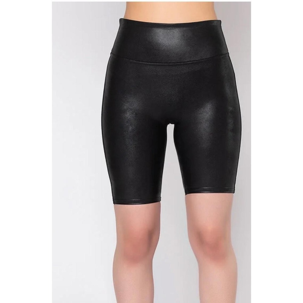 Spanx Shorts Black Biker High Waisted FauxLeather 7" Small Compression